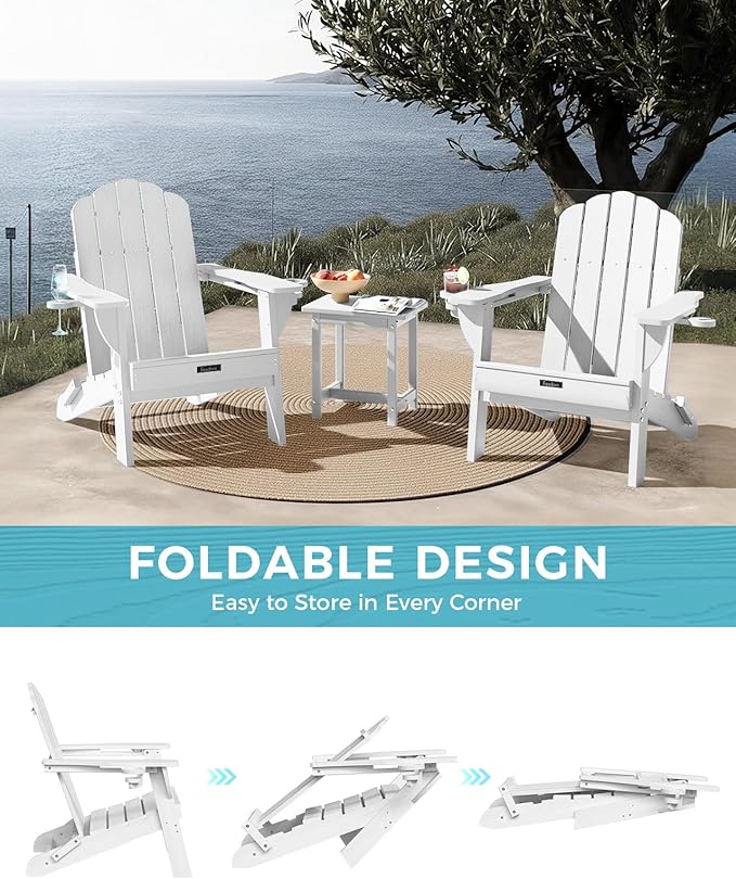 Adirondack Chairs Set of 6, Fire Pit Chairs, Wood Texture Patio Chairs with 2 Cup Holder, Outdoor Lawn Chair, White