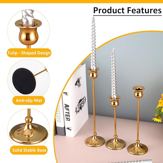 Taper Candle Holder Tall Vintage Metal Candlestick Holders Candle Stick Candelabra for Halloween Thanksgiving Christmas Holiday Wedding (Gold, 1 Set (3 pcs))