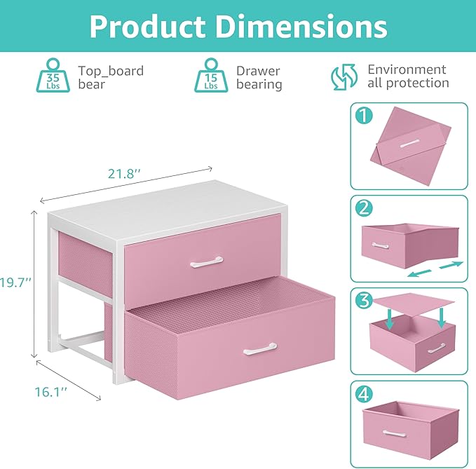 BOLUO Stackable Closet Drawers for Clothes Organizers and Storage Fabric Pink 2 Drawer Dresser for Bedroom 2 Packs Modern Large