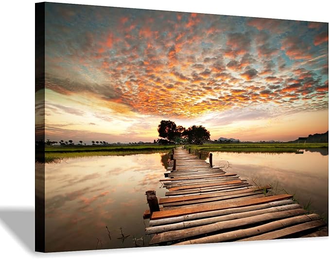 Hardy Gallery Lake Bridge Canvas Picture Artwork: Wooden Bridge Painting Sunset Landscape Wall Art Print for Living Room (45” x 30” x 1 Panel)