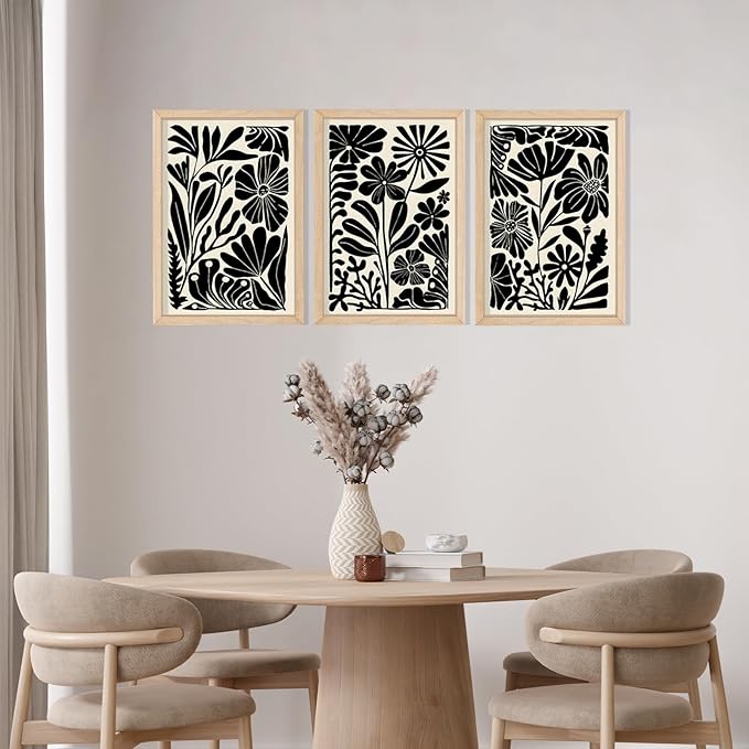 YWJKWLGS Abstract Floral Wall Art Set of 3, 11x16 Inch Black Boho Flower Prints