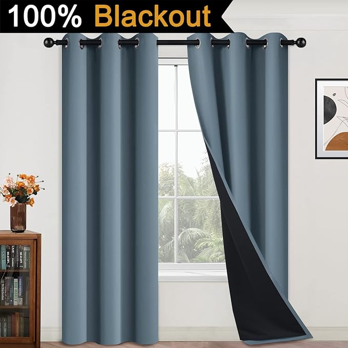 Yakamok Full Blackout Curtains 84 Inches Long, 2 Thick Layers Grommet Top