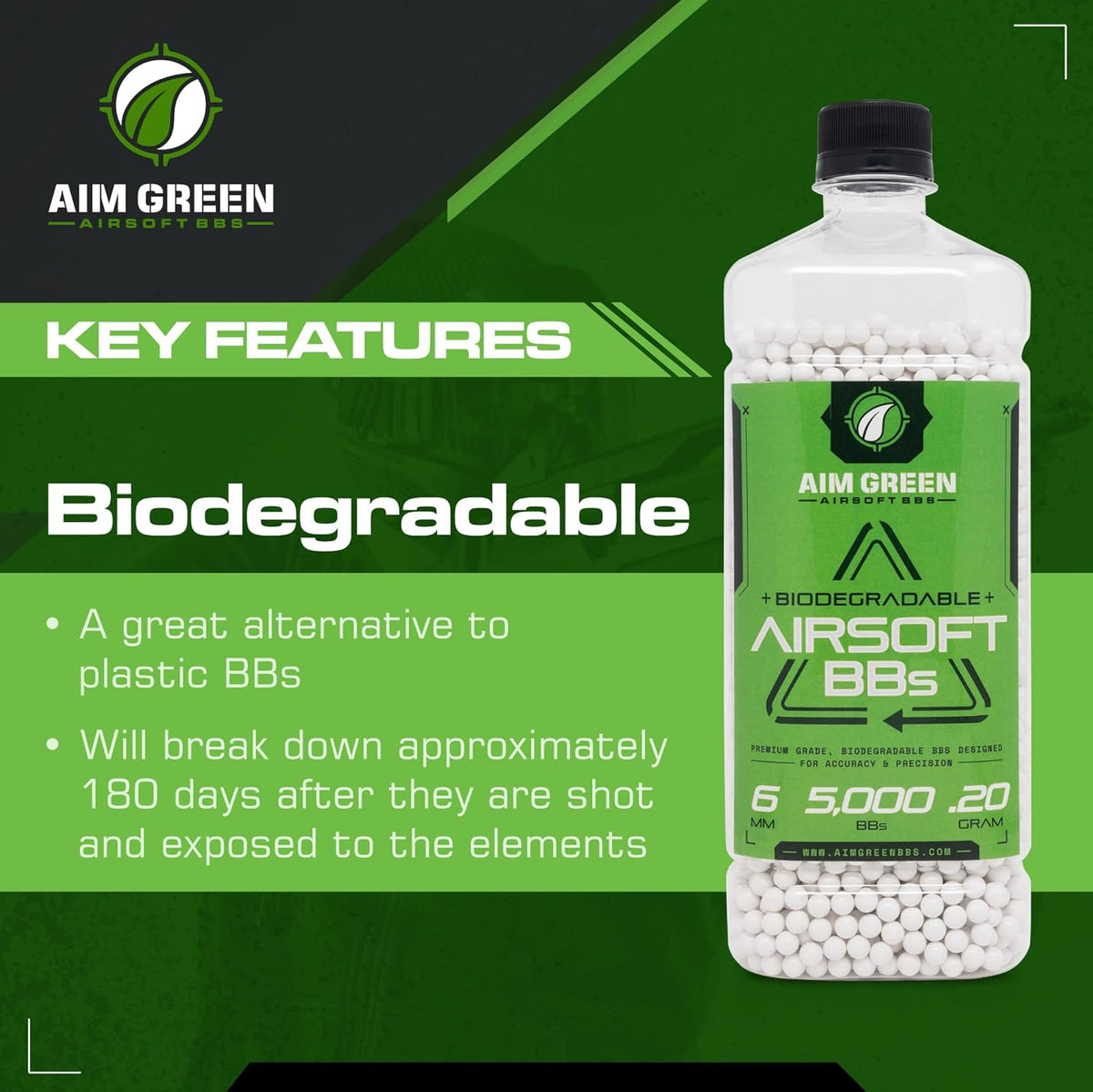 Aim Green Biodegradable Airsoft BBs - Premium 6mm, 20g to 40g, Available in 2,500 to 10,000 Count