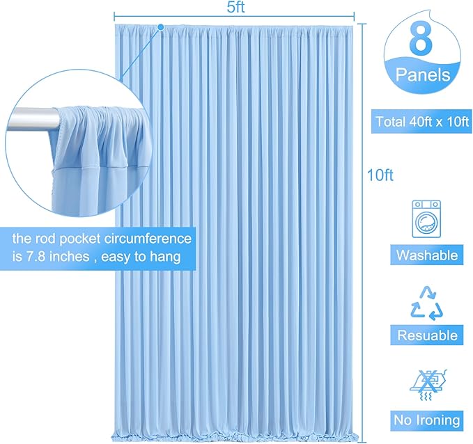 8 Panels Baby Blue Backdrop Curtain for Baby Shower Parties Wrinkle Free Light Blue Curtains Backdrop Drapes Fabric Decoration for Birthday Party Photography 40ft x 10ft