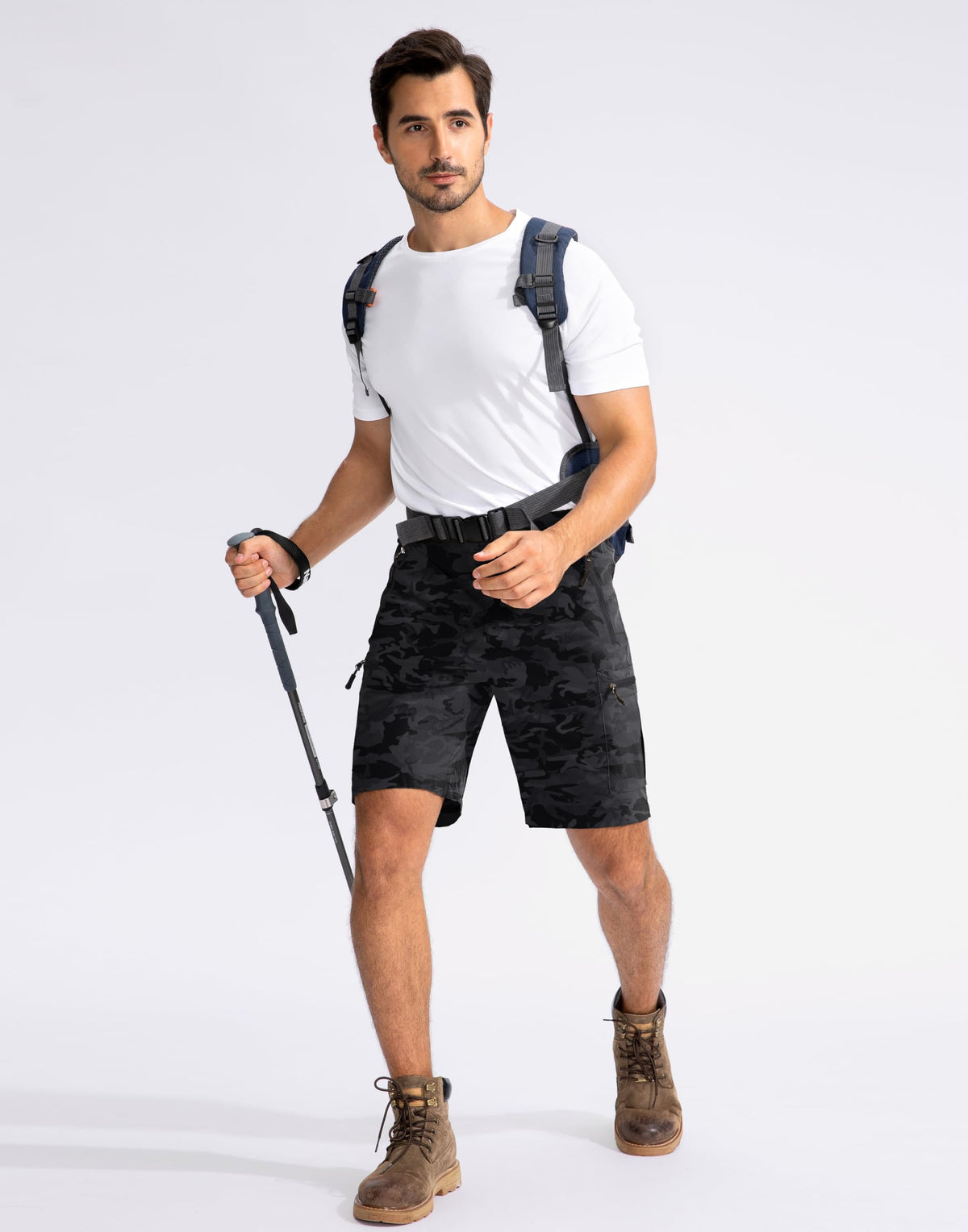 Pudolla Men's Hiking Cargo Shorts 9" Lightweight Outdoor Work Shorts for Men Travel Golf Camping Casual with 5 Zipper Pockets(Black Camo Large)
