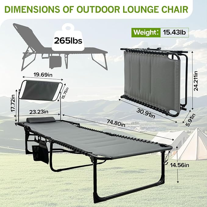 Outdoor Folding Lounge Chair with Removable Canopy & Pillow, Padded Reclining Chaise Lounge Chair 5-Position Heavy Duty Beach Chair for Patio, Beach, Pool, Camping