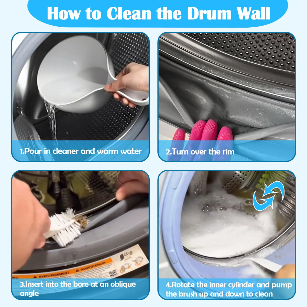 XANGNIER Washing Machine Cleaning Brush Kits,Front Load Washer Scrub Cleaner Tools Accessories-1 Pcs Drum Laundry Cleaner Brush and 5 Pcs Crevice Cleaning Brush for Tight Spaces and Washer Rubber Seal