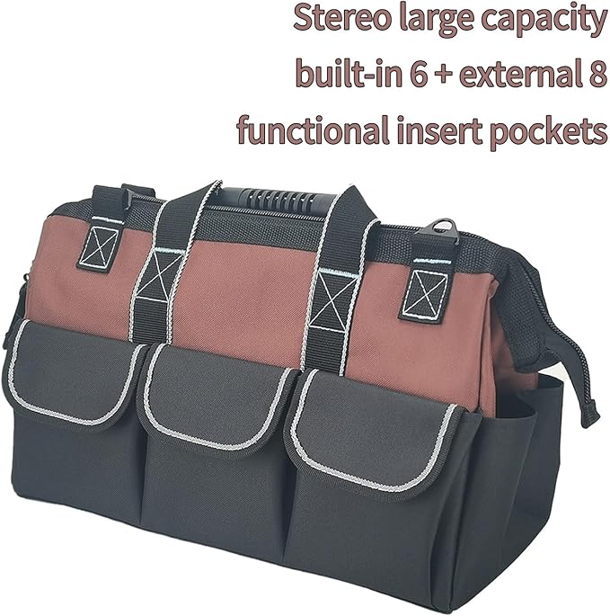 Garden Tools Bag 16 Inch Wide Mouth Tool Bag with Molded Base and Plastic-Padded Inside Pockets for Tool Storage, 600D Polyester Fabric, Brown Color