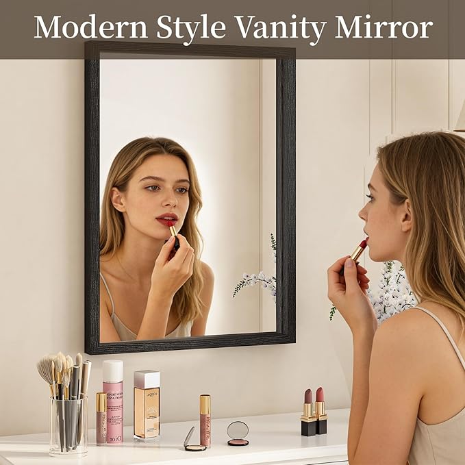 Syndra Black Wood Frame Bathroom Mirror, Waterproof Slim Deep Frame,