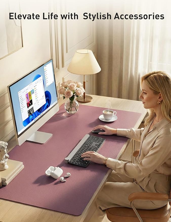 Aothia Faux Leather Desk Mat - Non-Slip PU Leather Desk Blotter, Waterproof Writing Surface, Large Desk Pad for Office & Home (Purple, 55" x 24")