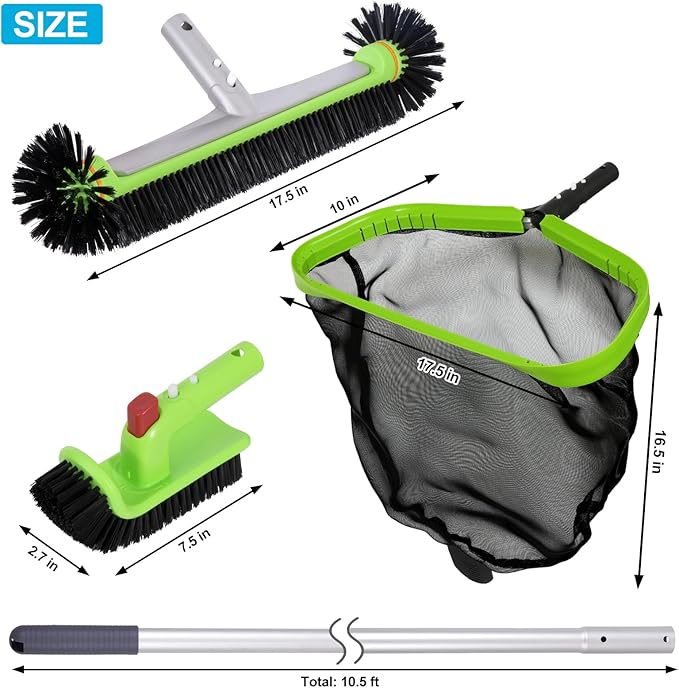 Deluxe Swimming Pool Cleaning Kit Including Professional Leaf Skimmer Net, 17.5" Pool Brush Head,Scrub Brush and 10.5 FT Pole