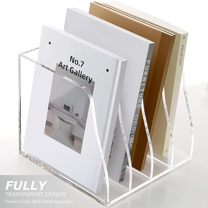 SANRUI Acrylic Desk File Organizer, 4 Vertical Compartments Clear Magazine File Holder Workspace Sorters, Folder Rack for Office Accessories Organization Storage