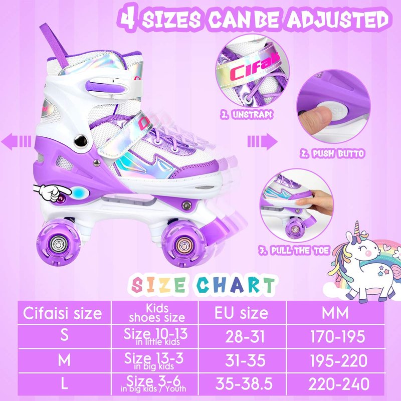 Roller Skates for Girls Boys Kids, Black Pink 4 Sizes Adjustable Kids Roller Skates with Light up Wheels and Shining Upper Design, for Ages 4-13