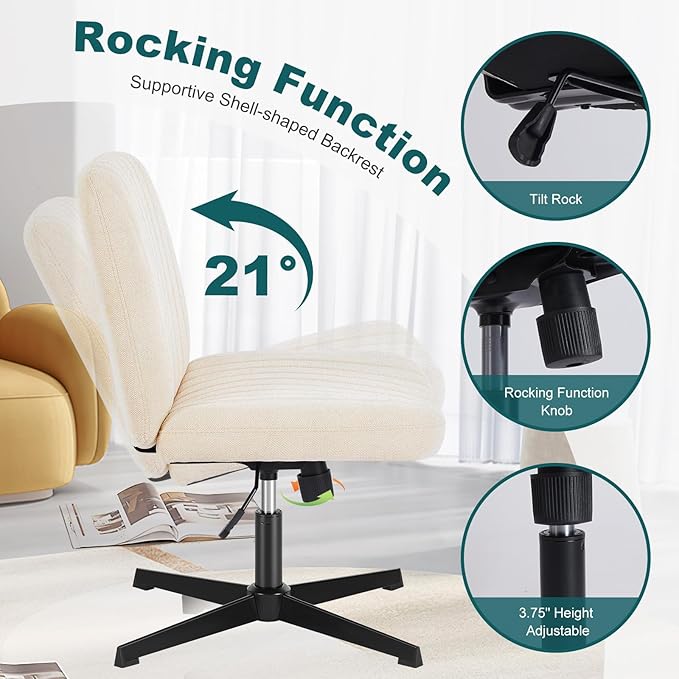 OLIXIS Criss Cross Legged Chairs Armless No Wheels Wide Seat Height Adjustable Swivel Padded Fabric Home Office Desk Chair for Bedroom, Student, Study Room,Beige