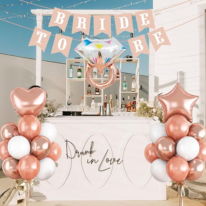 Bridal Shower Decorations Rose Gold Bridal To Be Balloon Set with Star Heart Diamond Ring Foil Balloons Bunting Banner Heart Paper Garland Rose Gold White Bachelorette Marriage Engagement Party Women