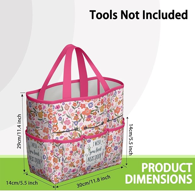 Boho Garden Tool Bag - Waterproof Floral Garden Tote with 8 Pockets, Large Storage Home Organizer Gardening Tool Oxford Bag for Garden Tools Kits Holder, Ideal Outdoor Gardening Gift for Women & Men