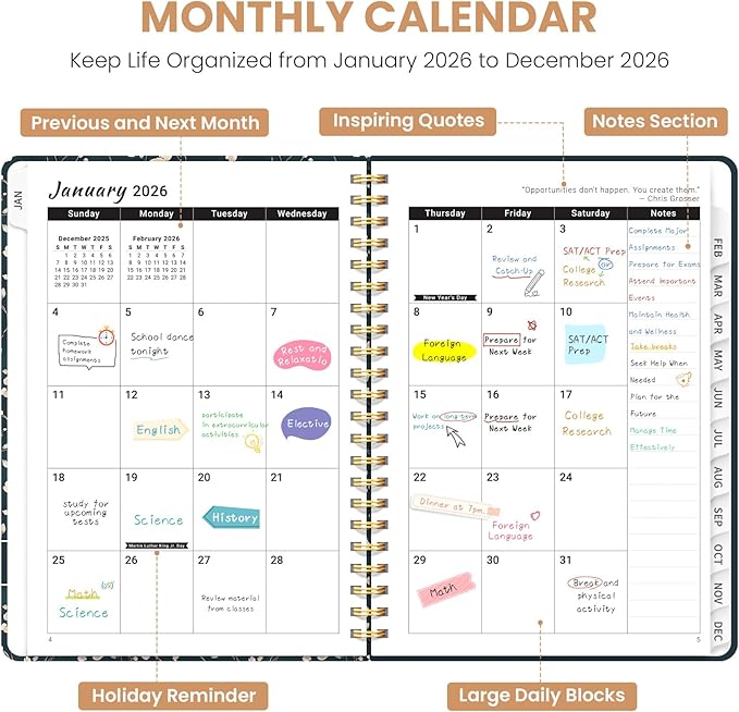 2026 Planner, Weekly and Monthly Planner for Women, Jan 2026 - Dec 2026 Pretty 2026 Calendar Planner with Monthly Tabs, Inner Pocket, Spiral Binding, Perfect for Office Home School - 6.3" x 8.5", Floral Vine