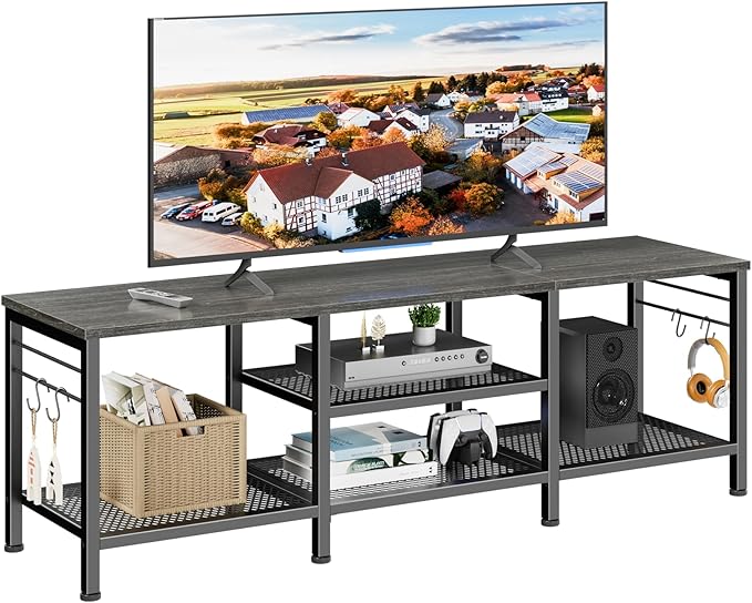 Furologee TV Stand for TVs up to 65 Inch, Entertainment Center with Open Storage Shelves, 55 Inch Television Stands with Soundbar Shelf for Living Room, Bedroom, Black Oak