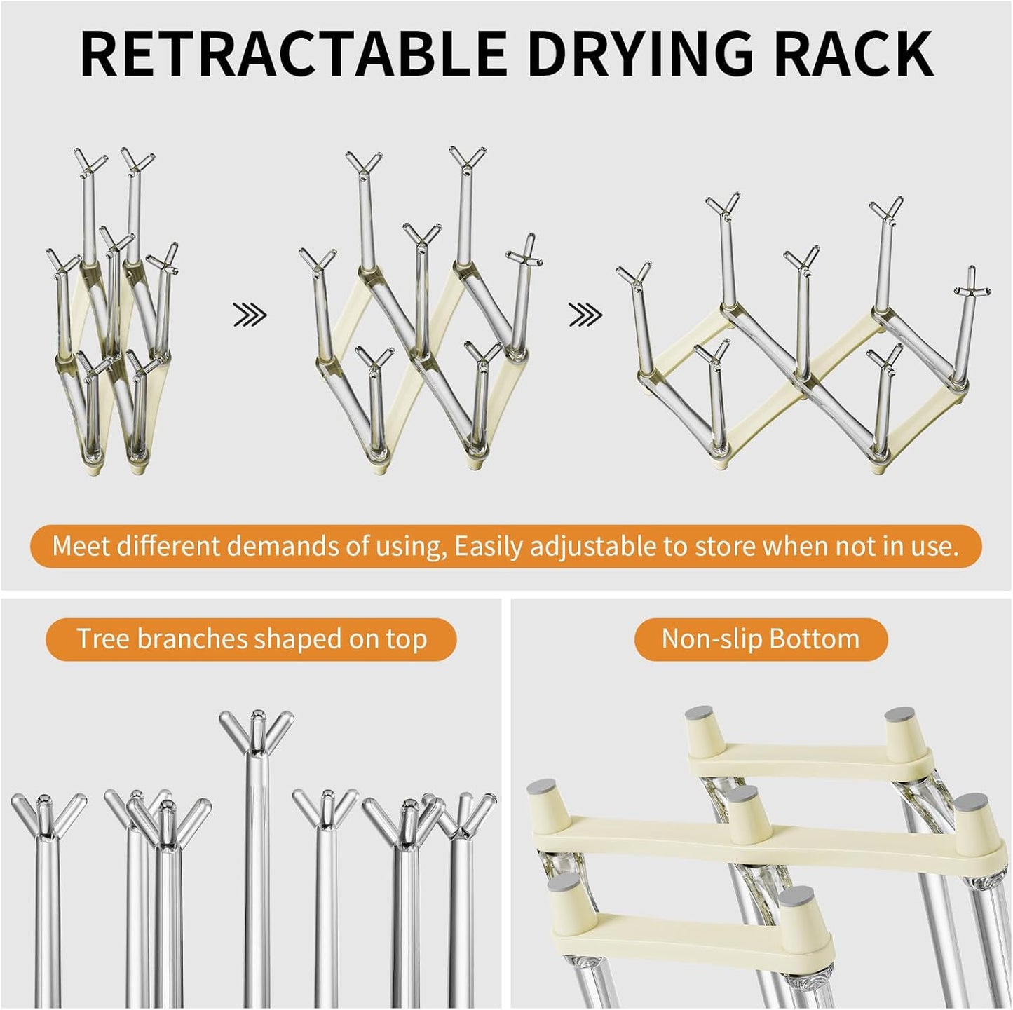 Marbrasse Retractable Cup Drying Rack, Drinking Glass and Sports Bottle Drainer Stand, Plastic Bag Dryer with Non-Slip Bottom for Kitchen Countertop, 2p - White