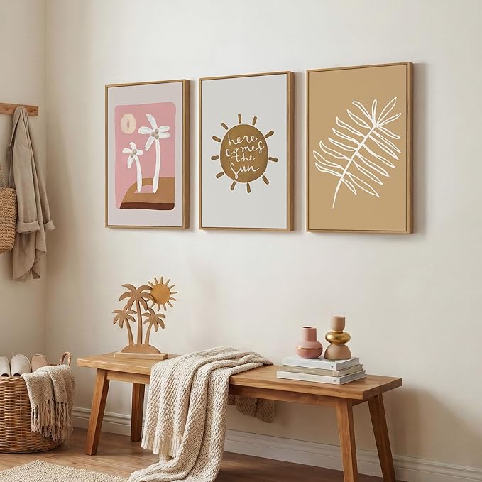Framed Neutral Boho Abstract Wall Art Bedroom, 3 Piece Minimalist Tropical Sun