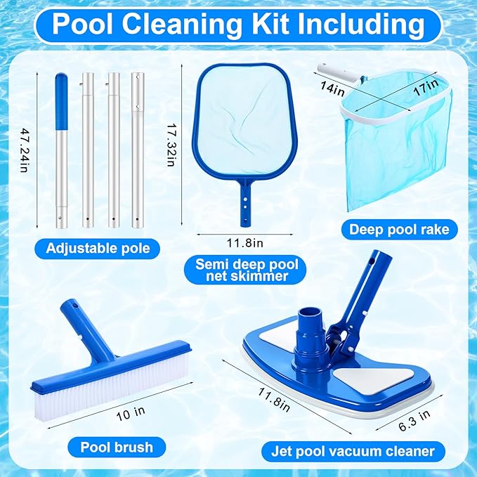 Tioncy 5 Pcs Pool Vacuum Cleaning Kit Includes Round Corner Pool Vacuum, 2 Skimmer Nets with 47" Adjustable Pole and 1 Brush for Above Ground Ponds Hot Tub Spa Wall Floor Cleaning Maintenance