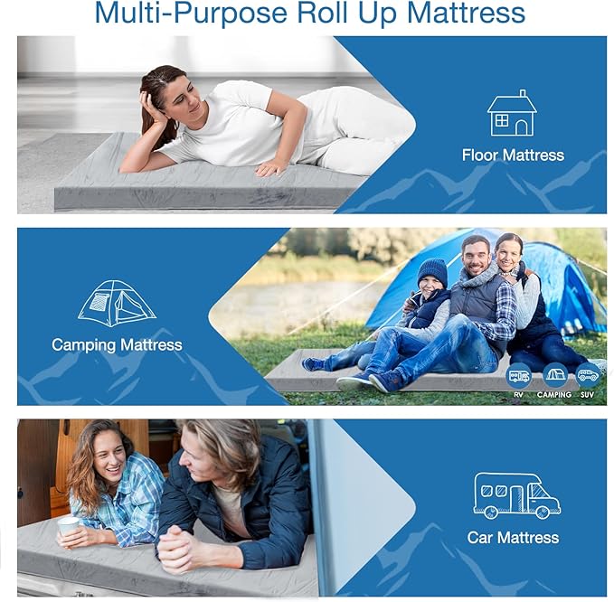 KingChii CertiPUR-US Memory Foam Camping Mattress, Portable Roll Up Travel Car Camping Mattress Sleeping Pad & Floor Mattress, Cot Mattress Guest Bed for Sleepover with Waterproof Cover & Travel Bag