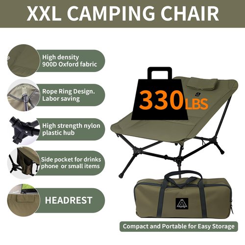 Reclining Chair, Lightweight Folding Camping Chair with Pillow, Backpacking with Carry Bag, 5-Way, Adjustable Height Chairs for Adults Heavy Duty 330lbs for Hiking, Fishing, Mountaineering Army Green