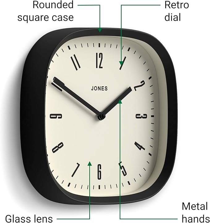 JONES CLOCKS® Marvel wall Clock | Modern Retro Rounded Square Clock | 10 inch |