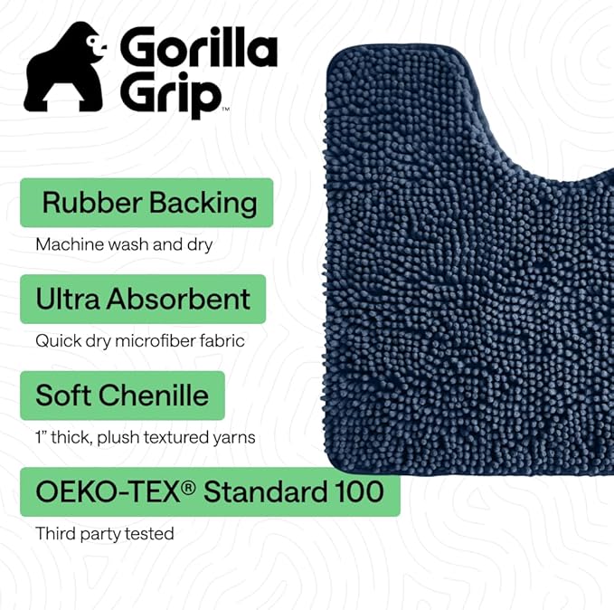 GORILLA GRIP Bathroom Rug Sets, Soft Chenille 2 Piece Area Rugs Set, Toilet Base Mat and 30x20 Carpet, Absorbent Microfiber Washable Mats Dry Quickly, Home Décor and Bath Room Accessories, Navy Blue