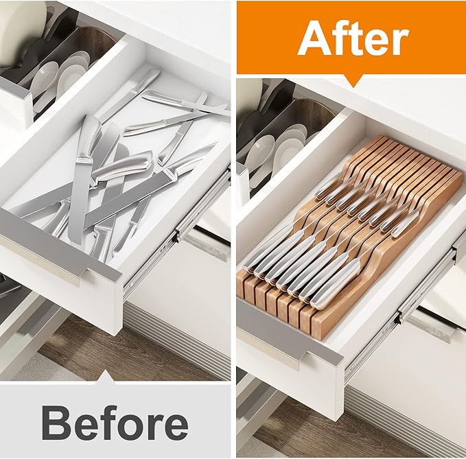 In-Drawer Knife Block Organizer - Bamboo Wood Drawer Knife Organizer-Protecting Knife Organizer Block (Not Included) (Natural, 15 Knives Dock)