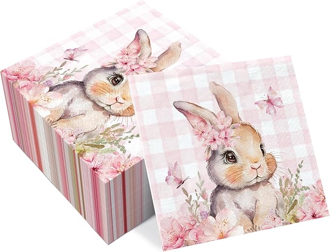 Cute Pink Bunny Paper Napkins, 50 Pcs, 3-Ply, 6.5 x 6.5 Inch, Disposable Rabbit Cocktail Napkins for Decoupage, Spring Holiday, Dinner Party, Wedding, Baby Shower, Birthday Party Decorations