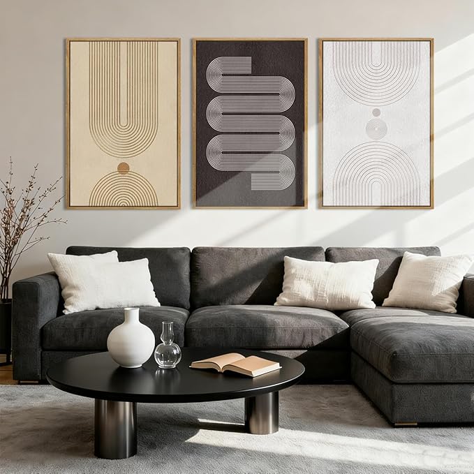 Anyzal Extra Large Modern Neutral Framed Wall Art 24x36 Inch Black Abstract Canvas Wall Decor Beige Boho Geometric Artwork for Living Room Bedroom Dining Room Set of 3