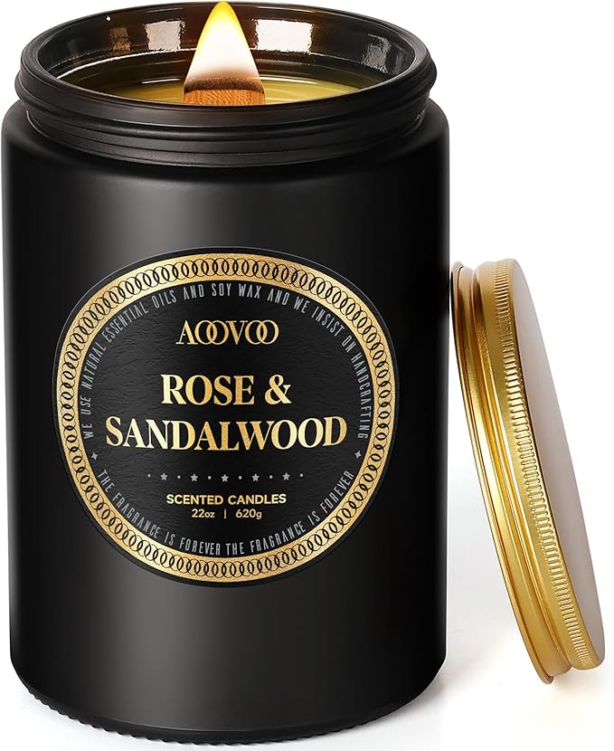 AOOVOO Scented Candles for Men - Rose & Sandalwood Candles for Home Scented | Crackling Wood Wick Soy Candles | Strong Fragranced Masculine Black Candle Gift for Women & Men, 22oz