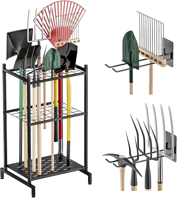 Garden Tool Organizer with 2 Pack Wall Mounted Racks, Holds 35+ Long-Handled Tools, Heavy Duty Metal Yard Tool Storage Stand for Garage, Shed & Outdoor Organization, Black
