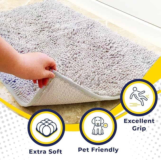 Muddy Mat® | Super Water Absorbent Door Mat Indoor, Microfiber Quick Dry Chenille Entryway Rug, Slip Resistant Front Door Mat, Indoor Mats for Entryway, Machine Washable Pet Rug, White 20" x 48"