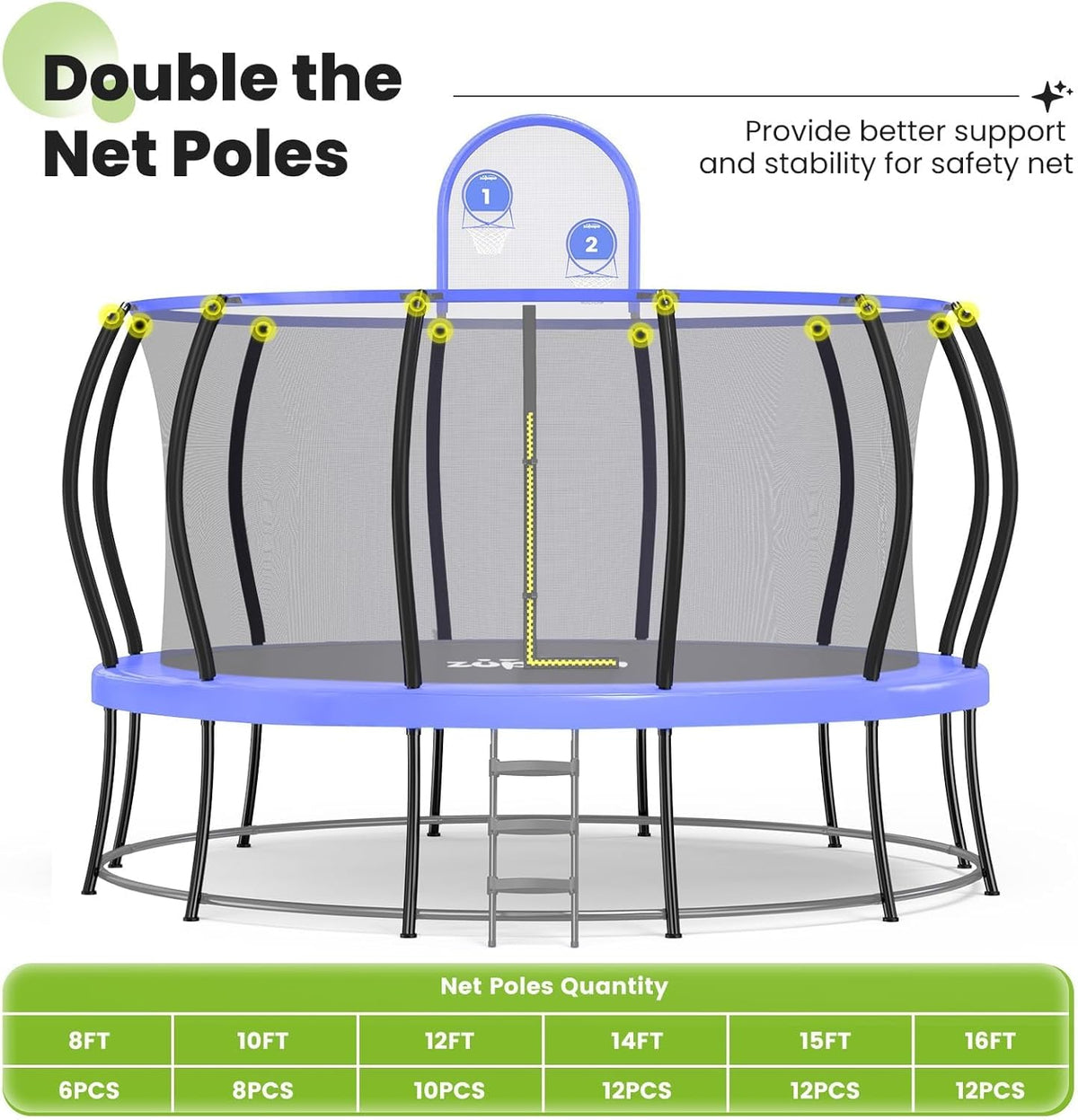 Zupapa 1800LBS Capacity Double Frame Trampoline - 12FT to 16FT | No-Gap Safety Design & Basketball Hoop