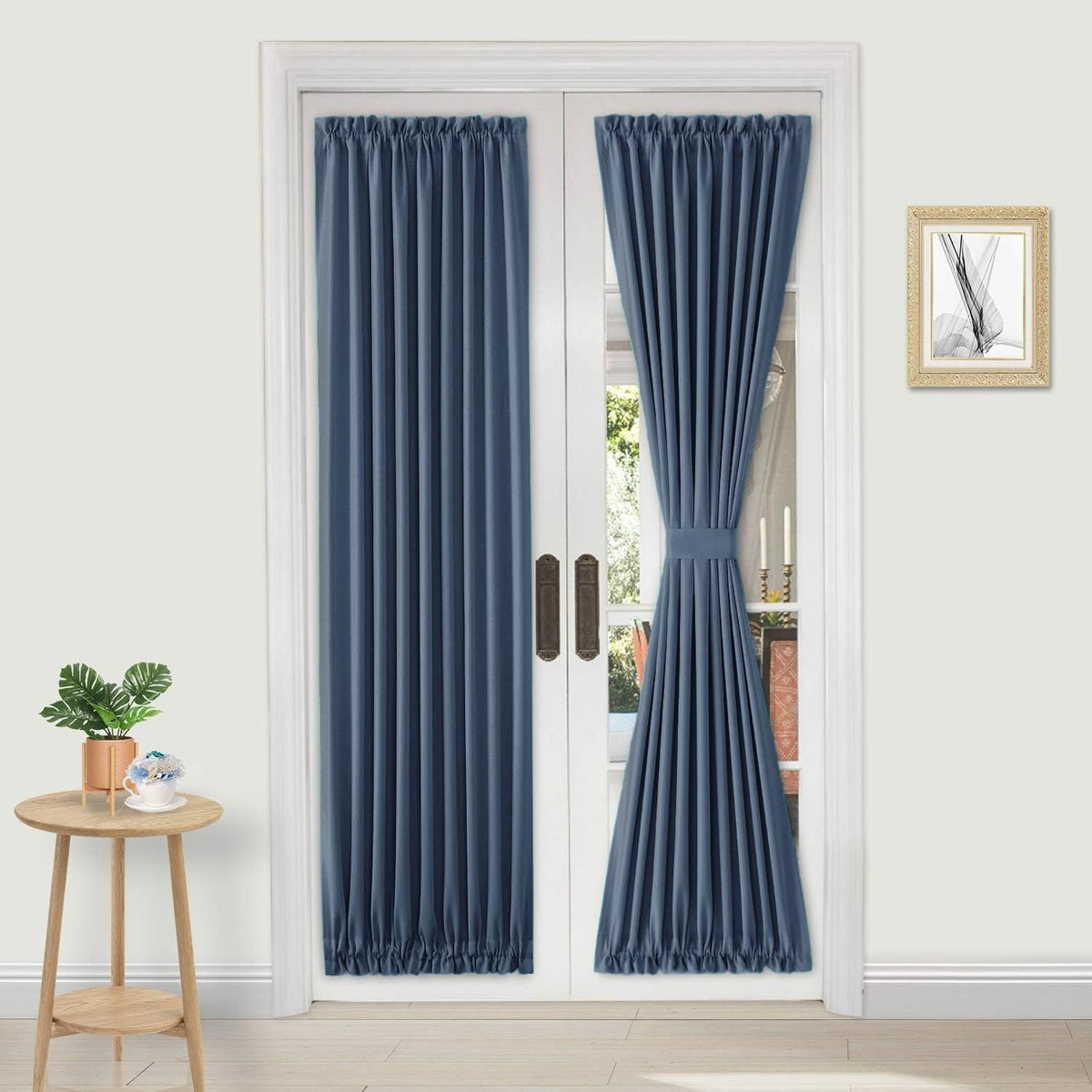 DWCN French Door Curtains – Rod Pocket Thermal Blackout Curtain for Doors with Glass Window, Kitchen and Patio Doors for Privacy, 36 X 72 Inches Long, 1 Curtain Panel with Tieback,Dusty Blue