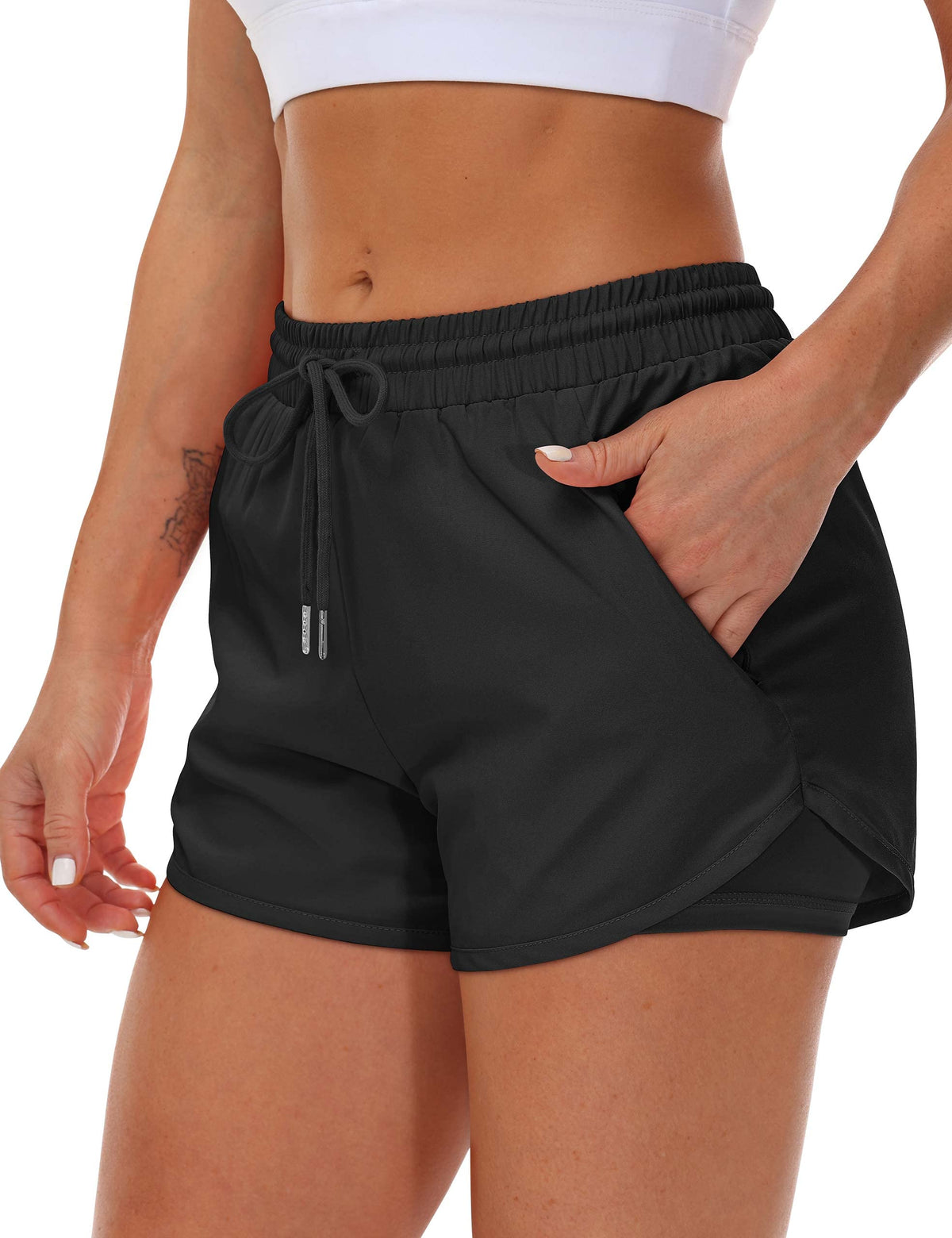 Mancreda Women's Running Shorts with Liner 3 Zipper Pockets Elastic Workout Athletic Gym Yoga Shorts(BK,XL) Black