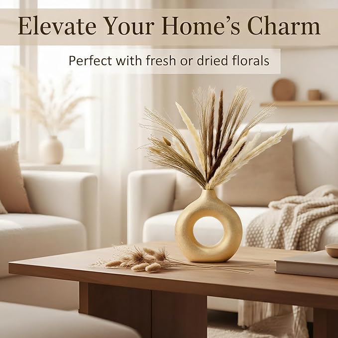 Modern Donut-Shaped Decorative Vases, Handmade Minimalist Boho ins Style, Modern Vase for Home Decor for Wedding Dinner Table Party Living Room Office Bedroom (Gold, Small)