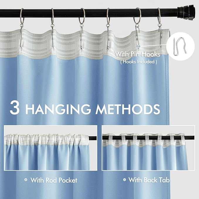MIULEE Sky Blue Back Tab Blackout Curtains 72 Inches Long 2 Panels Set