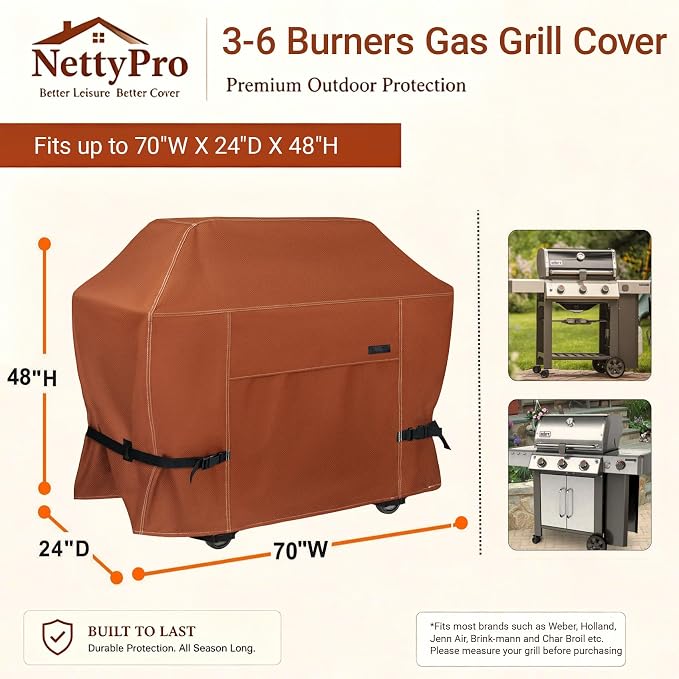 NettyPro Grill Cover for Outdoor Grill 70 inch Waterproof Heavy Duty Gas BBQ Grill Cover for Outside Weber, Char-Broil, Brinkmann, Jenn Air, Nexgrill 3-5 Burners Barbecue, Brown