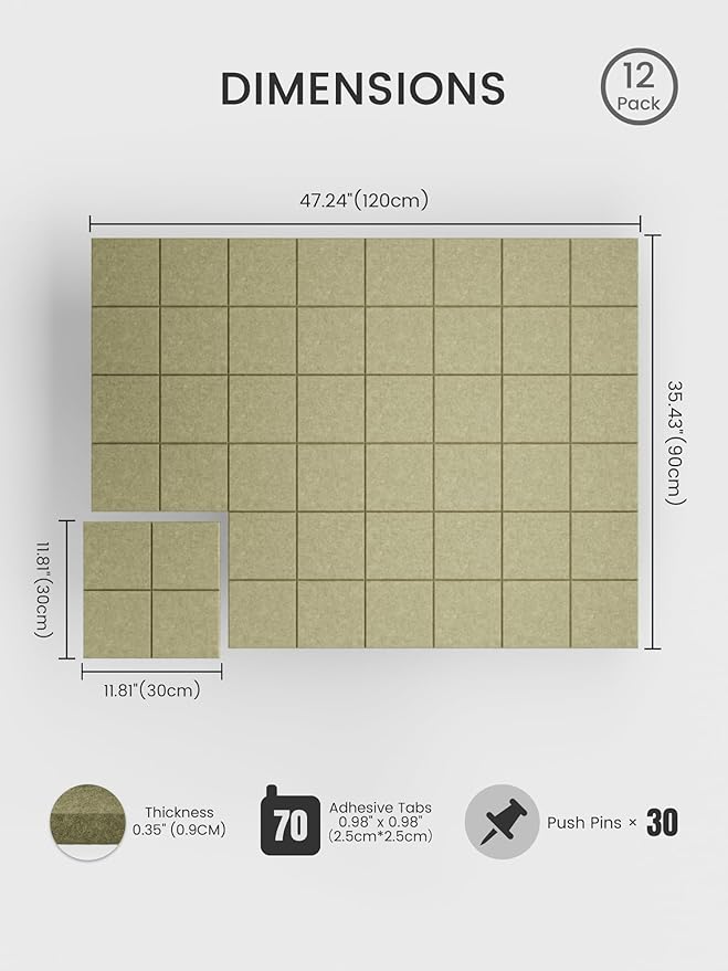 Bumusty Large Felt Bulletin Board, 30 Push Pins, 70 Adhesive Tabs, Olive Green