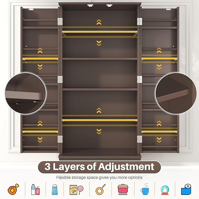 51” Kitchen Pantry Storage Cabinet, White Freestanding Pantry Cabinets with Doors and Adjustable Shelves, Buffet Cupboards Storage Cabinet for Home Office Use, Dinning Room(Brown)