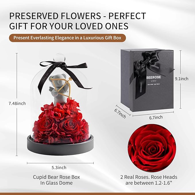 SEEROSE Preserved Rose with Cupid Bear in Glass Dome, Eternal Real Rose Romantic Gift for Her, Women, Mom, Wife, Girlfriend, Valentine’s Day, Mother’s Day, Christmas, Birthday (Cupid Bear, Red)