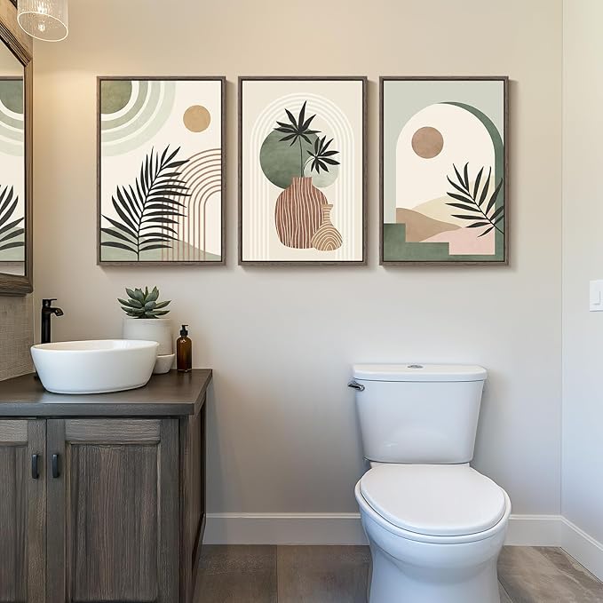 Framed Sage Green Boho Wall Art Bedroom, 3 Piece Neutral Bohemian Botanical