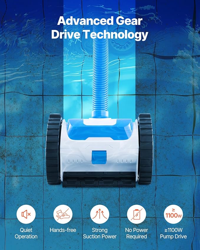 VEVOR Suction Pool Cleaner, Automatic Pool Vacuum Cleaner, Suction Side Automatic Pool Cleaner, Suction Vacuum Pool Sweeper with 2 Wheels, for In-ground Pool and Above-Ground Pool Up to 20 x 40 ft