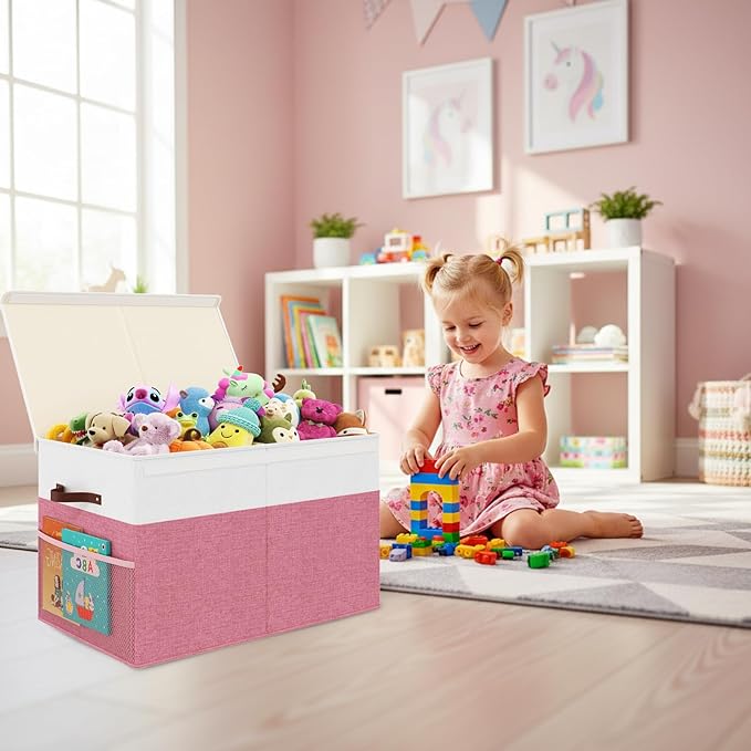 Large Toy Storage Box with Lid Upgraded Toy Storage Chest Organizer with Divider Foldable Toy Bin for Kids Boys Girls Playroom Nursery Bedroom (25"x13"x16")