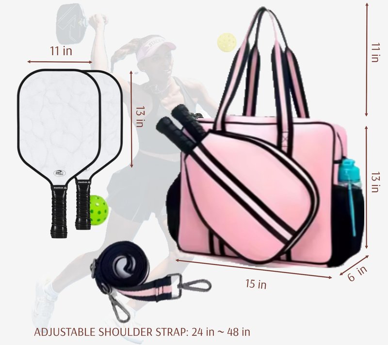 Pickleball Sports Tote Bag with Racket Holder, Neoprene, Adjustable Shoulder Strap (Pink)