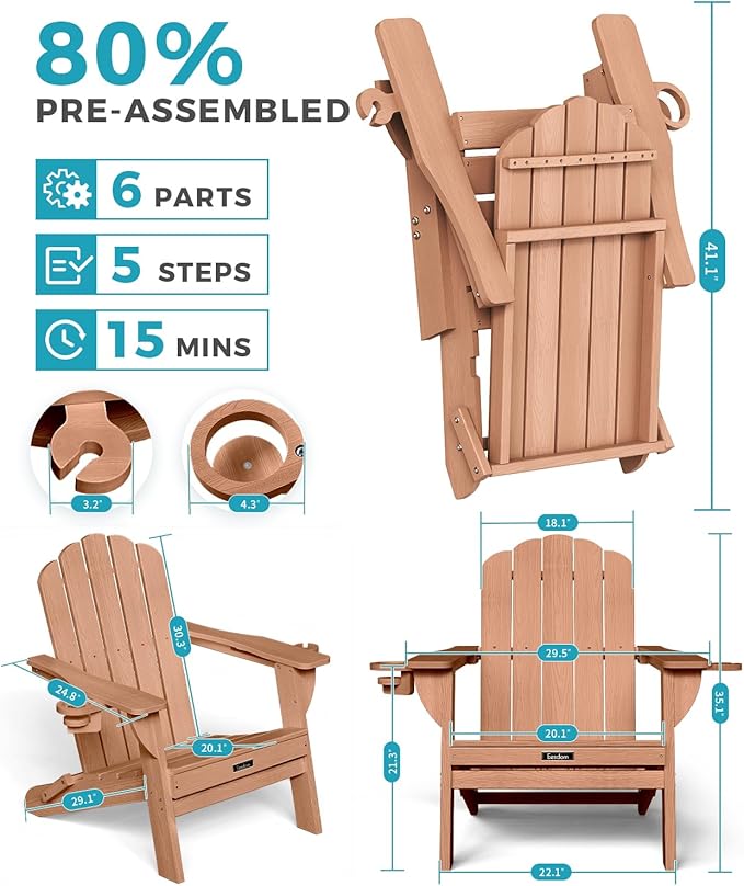 Folding Adirondack Chairs Set of 4,All-Weather HDPE Fire Pit Chair with 2 Cup Holders, Outdoor Chair for Patio Deck Garden Lawn, Teak