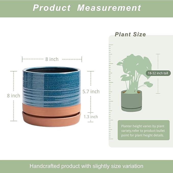 HERDUK 8 Inch Pots for Plants, Ceramic Planter Pot with Drainage Hole & Saucer, Indoor/Outdoor Cylinder Round Planter Pot, Blue & Terracotta